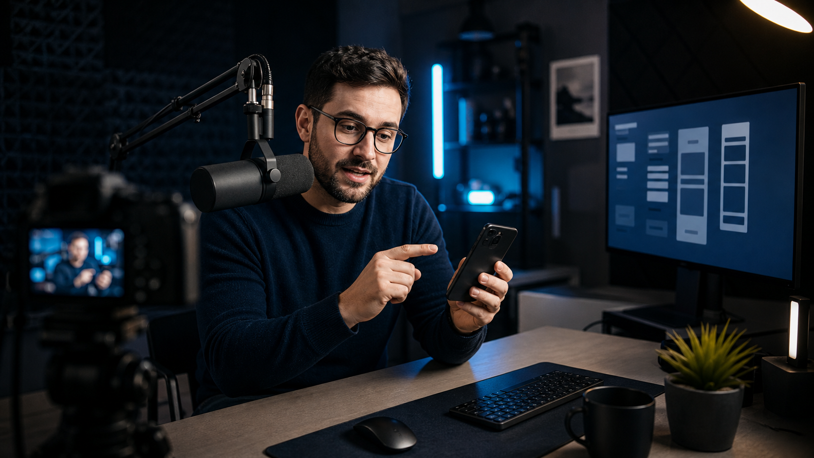 Pessoa explicando uma configuração de celular em ambiente de gravação